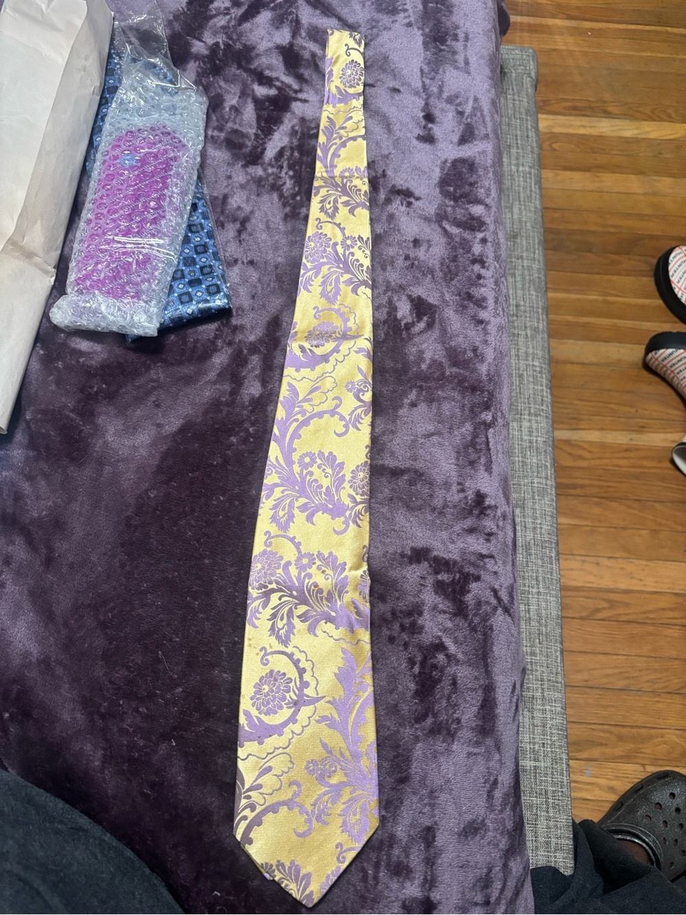 Versace Yellow and Lavender Floral Damask Silk Tie